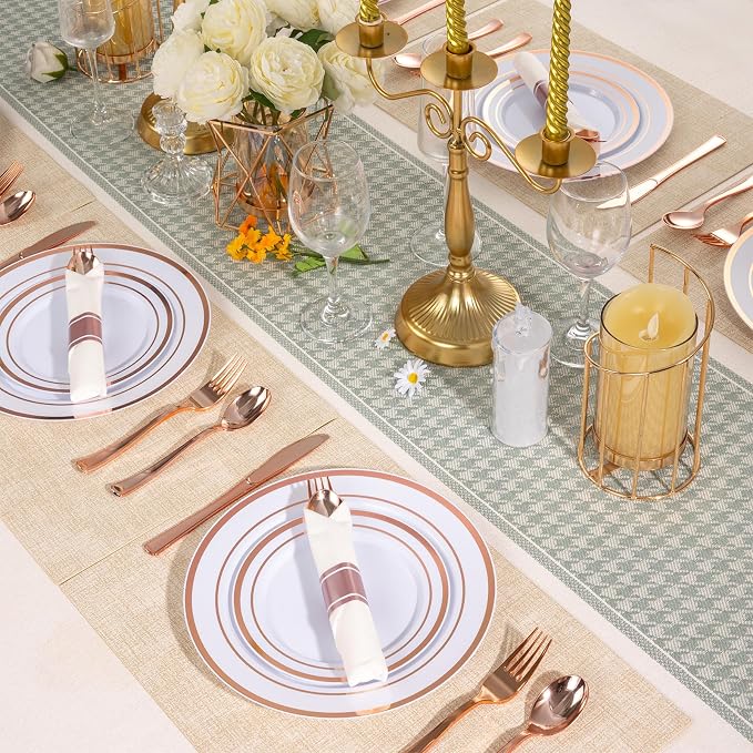 realluck 350 PCS White and Rose Gold Plastic Dinnerware Set for 50 Guests, 100 Plates for Party, 50 Pre Rolled Napkins with Gold Silverware, 50 Cups