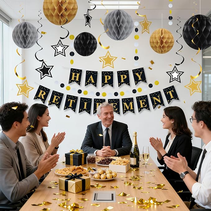 Happy Retirement Party Decorations for Men Women Black Gold Happy Retirement Banner Honeycomb Balls Pentagram Hanging Swirl Streamers Circle Dots Garland