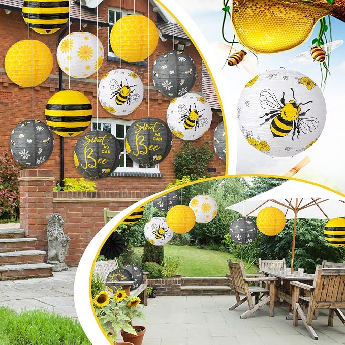 Panelee 12 Pcs Bee Party Decorations Paper Lanterns 8 Inch Hanging Round Hanging Paper Party Decorations for Holiday Indoor Outdoor Supplies