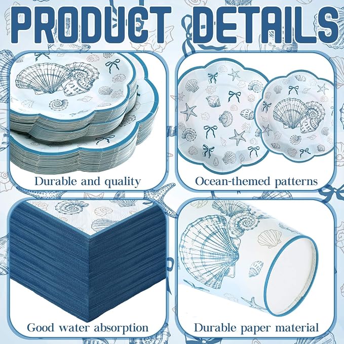 Newtay 250 Pcs Seashell Party Decorations Plates and Napkins Beach Theme Disposable Tableware Dinnerware for 50 Guests Blue Bow Seashell Paper Plates Napkins Cups for Bridal Shower Coastal Party