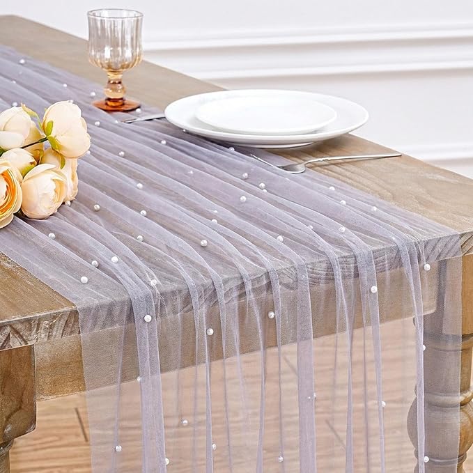 Pearl Gauze Table Runner Tulle Fabric: 10ft Seasonal Dessert Chiffon Pearl Lace Boho Overlay Wedding Veil Outdoor Wedding Aisle Runner Party Decorations Doilies, Gray