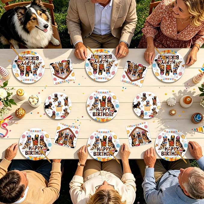 96Pcs German Shepherd Dog Birthday Party Decorations Funny Pet Dog Plates and Napkins Cute Puppy Tableware Set for Boys German Shepherd Theme Birthday Baby Shower Party Supplies Serves 24
