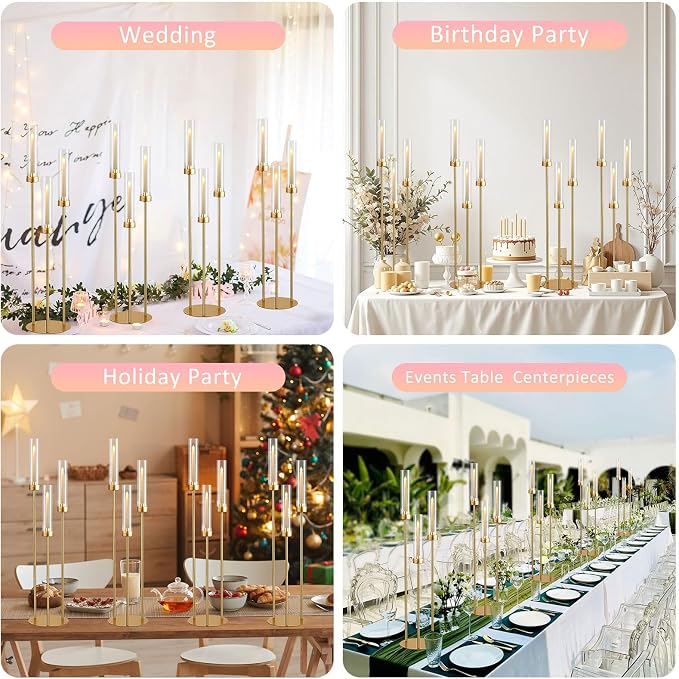 Vincidern 12pcs Candelabra 3 Arm, Wedding Centerpieces for Tables, 33.8'' Tall Candle Holder Gold Table Centerpieces for Wedding, Party, Event, with Acrylic Lampshade, Fit LED Taper Candles