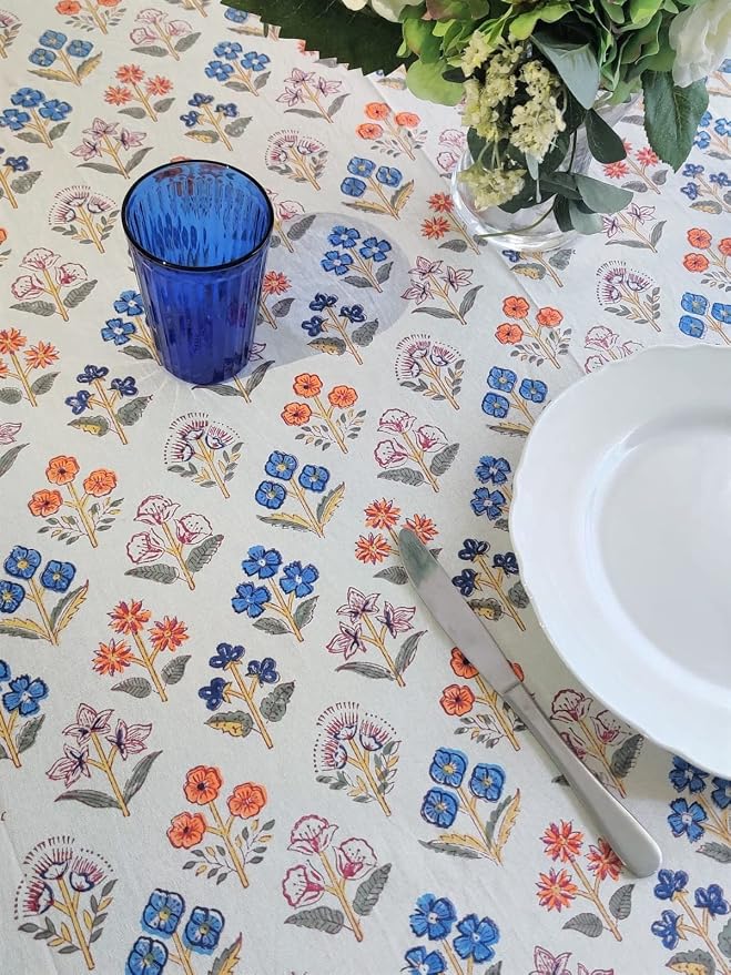 ATOSII Flora Bloom 100% Cotton Rectangle Summer Tablecloth, Block Print Floral Table Cloth for Dining Parties Wedding Outdoors I Grand Millennial Home Decor 60 X 90 Inches I 6 Seater I Memorial Day