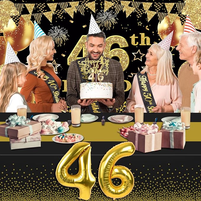 46th Birthday Decorations Men Women with 46th Birthday Banner, Black and Gold Table Cloth, Number Balloons, Large Sash, Cake Topper and Candles