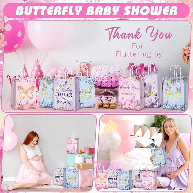 Outus 24 Pcs Summer Butterfly Party Favors Bags Butterfly Goodie Gift Paper Bags with Handles Purple Blue Pink Thank You Candy Treat Pouch for Wedding Baby Shower Birthday Party Decoration Supplies