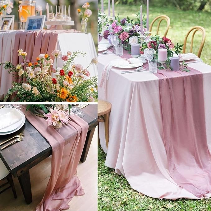 12 Packs Dusty Rose 10Ft Chiffon Table Runner 27 x 120 Inches Sheer Chiffon Table Runner Romantic Boho Rustic Wedding Table Runner for Wedding Birthday Party Decor Bridal Baby Shower Table Decoration