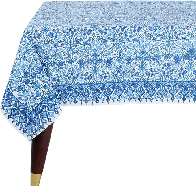 Ridhi Dark Royal Blue Hand Block Print Cotton Rectangle Tablecloth 190" x 72" inches Reusable Table Cover Decorative Everyday Use for Dining Room, Farmhouse, Home Gift for Spring, Mother's Day