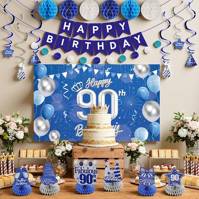 Happy Birthday Party Decoration Set: Including Birthday Banner Backdrop, Party Table Centerpieces and Hanging Swirl Party Streamers, Birthday Decor Suppliers for Men and Women (Blue, 90th Birthday)