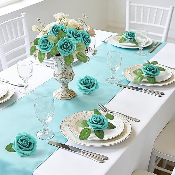 Mocoosy 50Pcs Rose Artificial Flowers, Teal Green Fake Roses for Decorations, Real Touch Foam Roses Bulk with Stem DIY Wedding Bouquet Mother's Day Floral Arrangement Bridal Shower Party Home Decor