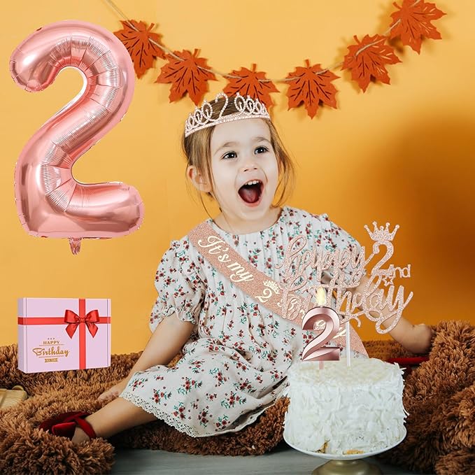 2nd Birthday Decorations for Baby Girls, Including 2nd Birthday Sash and Tiara, Cake Topper and Candle, Number Balloon, 2 Year Old Gifts for Girls