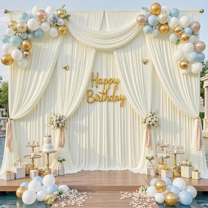 40x14ft Ivory Backdrop Curtains for Wedding Party, 8 Panels 14 ft Long Back Drop Cloth, Wrinkle-Free Polyester Drapes for Birthday, Baby Shower, Stage Photography Background