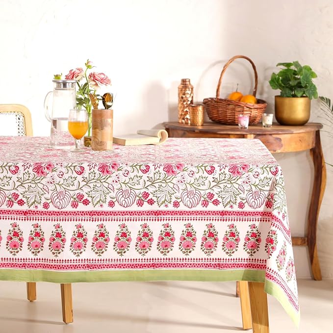 Hand Block Printed Tablecloth, Colorful Floral Print, Indian Artisan Handmade Art, Dining Room, Kitchen, Outdoor Décor, (Peach Rose Bloom, 12 Seater 72 x 135 Inches Rectangle)