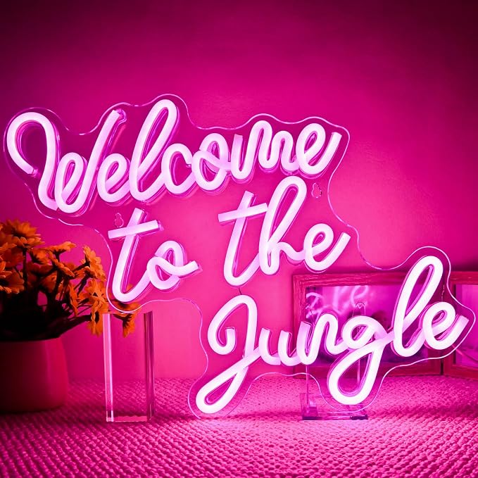 Welcome to the Jungle Neon Sign Pink Led Word Neon Light Signs for Wall Decor Usb Letter Light Up Sign for Bedroom Nursery Kids Room Garden Home Wedding Birthday Party Decorations Gifts