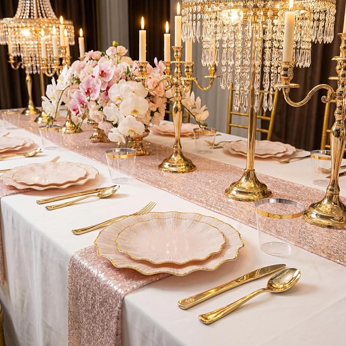 U-QE 175PCS Pink Gold Plastic Plates - Disposable Dinnerware Set for 50 Guests - Pink and Gold Plates and Napkins Party Supplies include 50 Plates, 25 Per Rolled Napkins with Gold Cutlery, 25 Cups