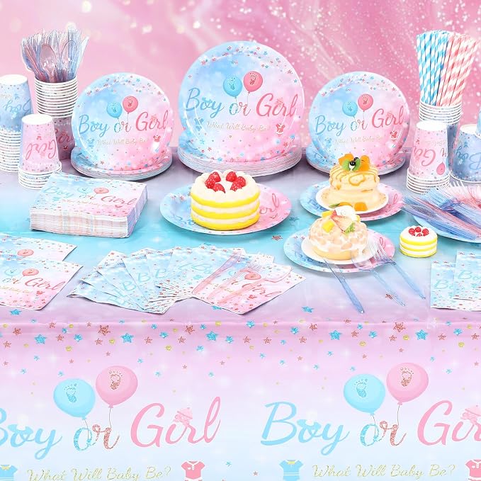 Funnymoom 452 Pcs Gender Reveal Party Supplies for 50 Guests, Pink and Blue Gender Reveal Paper Plates Napkins Cups Tablecloth Cutlery Straws Disposable Tableware for Baby Shower Party Decoration