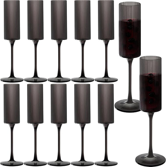 JLYLOL 12 Pcs Black Plastic Champagne Flutes 6OZ Large Ribbed Champagne Glasses Toasting Glass Plastic Goblets for Parties Vintage Mimosa Bar Glasses Elegant Stemmed Drinking Cups for Wedding Bride