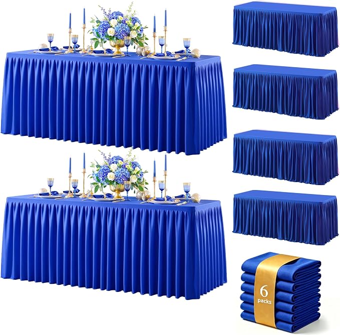 Royal Blue Polyester Table Cloths for Rectangle 6 Foot Tables, 6 Pack Wrinkle Free Tablecloths Stretchy Banquet Ruffle Fitted Table Cover Desk Skirt for Parties Wedding Birthday Baby Shower