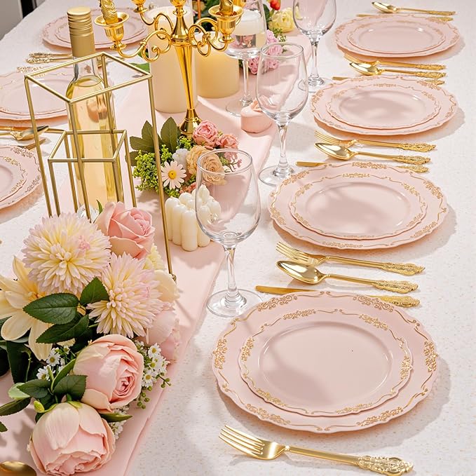 DaYammi 150Pcs Pink Plastic Plates with Gold Rimmed & Gold Silverware,Pink Disposable Plates for Party Include 30 Dinner Plate,30 Dessert Plate,30 Knives,30 Forks,30 Spoons for Mother's Day Party