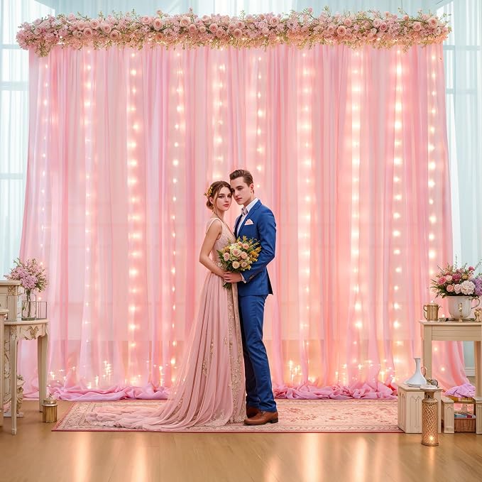 10ft x 10ft Baby Pink Backdrop Curtain with Lights String for Parties,2 Panels Sheer Tulle Curtain Wedding Photo Backdrop with Lights for Baby Shower Birthday Party Ceremony Home Decorations