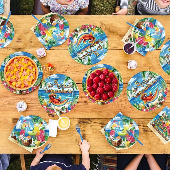 96 Pcs Hawaiian Tropical Luau Party Decorations Summer Parrot Drinks Plates and Napkins It's Five O'Clock Somewhere Tableware Set for Hawaii Summer Beach Holiday Party Supplies, Serves 24
