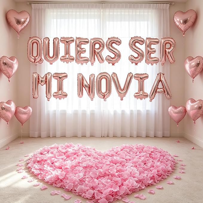QUIERES SER MI NOVIA - 1200pcs Rose Gold Artificial Roses, 16" Letter Balloons, 18" Heart Balloons - Valentines Day Decorations