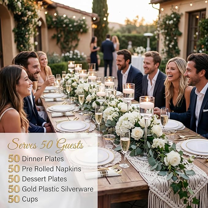 KIRE 350 PCS White and Gold Plates Disposable - Elegant Dinnerware Set of 50 Guest, White Plastic Plates With Gold Rim, Pre Rolled Napkins with Silverware & Cups for Party/Wedding/Mother's Day