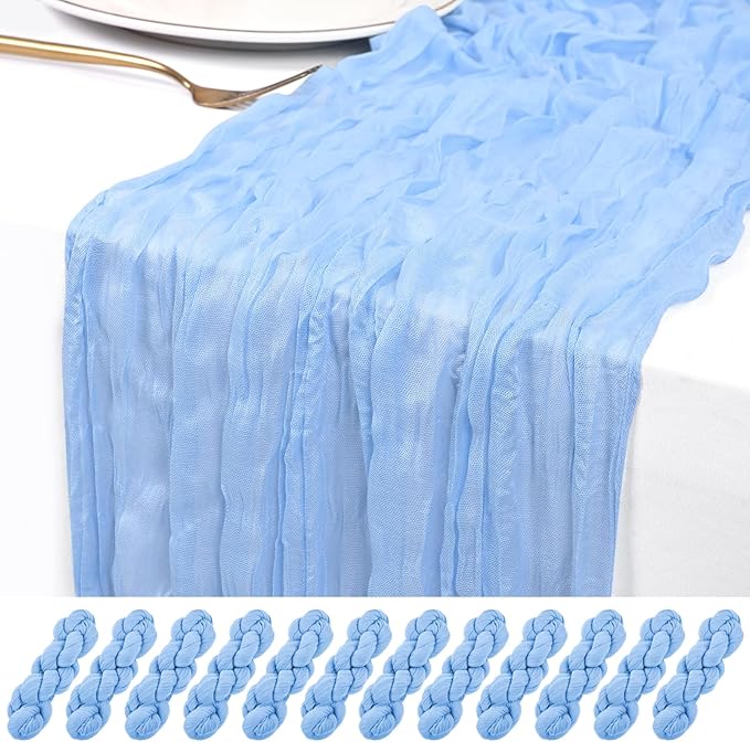 12 Pack Light Blue Cheesecloth Table Runner 120 inch Fall Thanksgiving Boho Rustic Gauze Farmhouse 10FT Cheese Cloth Runner for Baby Shower Wedding Party Holiday Home Decor