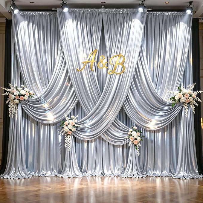 Silver Glitter Backdrop Curtains - 10x12FT Satin Photo Backdrop, Wrinkle-Free Shimmer Back Drop Cloth Shiny Drapes for Photobooth Wedding Birthday Parties Photoshoot Background Decorations