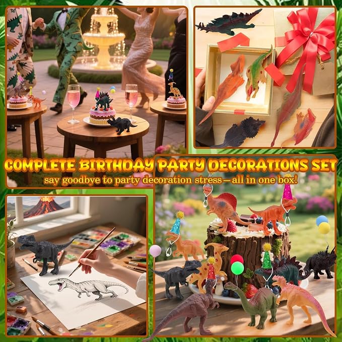 26 PCS Jungle Animal Birthday Party Decorations with Dinosaur Figurines, Mini Hats & Balloons, Cake Toppers for Birthday Party, Wild Animals Party Supplies(Dinosaur)