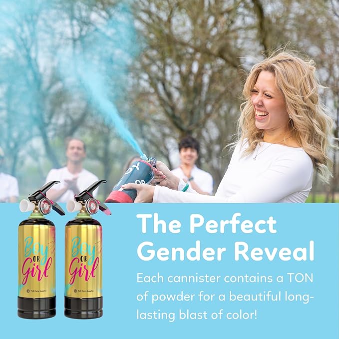 Baby Gender Reveal Fire Extinguisher Smoke Bombs Powder Cannon Gold | 1 Blue & 1 Pink | Fireworks Alternative | Biodegradable | Decorations for Photoshoots, Celebrations, Parties | TUR Party Supplies