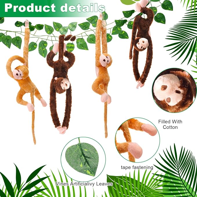 6 Pcs Hanging Monkey Stuffed Animal Jungle Classroom Party Decoration with 12 Pcs 7.22ft Artificial Vine Plush Hook and Loop Fastener for Kids Rainforest Safari Birthday VBS(Dark Brown, Yellow,21 in)