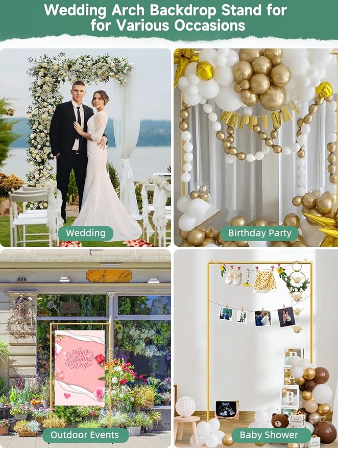 Gold Wedding Arch Backdrop Stand, 6.6 * 3.3FT Square Backdrop Stand Balloon Flower Metal Frame for Ceremony, Anniversary, Party, Birthday,Baby Shower Photo Booth Decoration