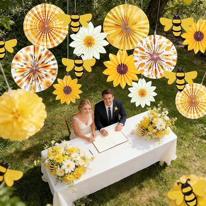 SUNBEAUTY Sunflower Party Decorations Sunflower Birthday Paper Fan Decorations with Bees Yellow White Sun Flower Wall Hanging for Baby Shower Summer Garden Party Classroom Bulletin Board Decoration