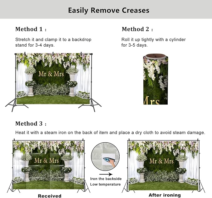 YongFoto Mr and Mrs Wedding Party Backdrop 9x6ft Floral Grass Wall White Sheer Curtain Flower Arch Photography Background Lover Marriage Proposal Bridal Shower Reception Photo Booth Props Banner