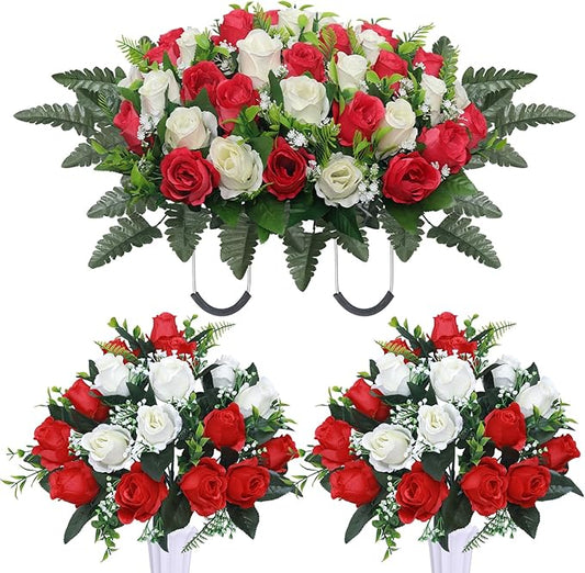 Artificial Cemetery Flower Saddles, Cemetery Memorial Flowers with Vase,Outdoor Grave Saddle Headstone Decorations, Artificial Rose Bouquet Grave Memorial Flowers (Red White)