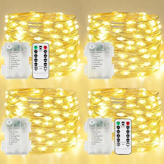 4 Pack Fairy Lights Battery Operated with Remote, 120LED 40FT Twinkle Lights Waterproof Outdoor Indoor Decor, 8 Modes Battery String Light Timer for Christmas Party Wedding Home DIY Décor(Warm White)