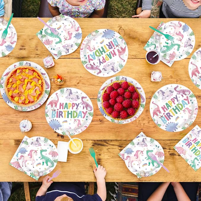 96Pcs Dinosaur Unicorn Birthday Party Decorations Dinosaur Unicorn Birthday Plates and Napkins Set Rainbow Dino Decoration for Girls Princess Magical Pastel Pink Rainbow Bday Party Supplies Serves 24