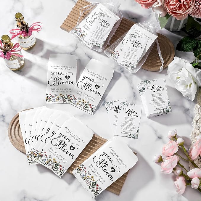 Ctosree 100 Set Wedding Favors for Guests Bulk Include 100 Pcs Self Adhesive Seed Packets Kraft Paper Seed Envelopes Let Love Grow Cards and Organza Gift Bags for Bridal Shower(Stylish)