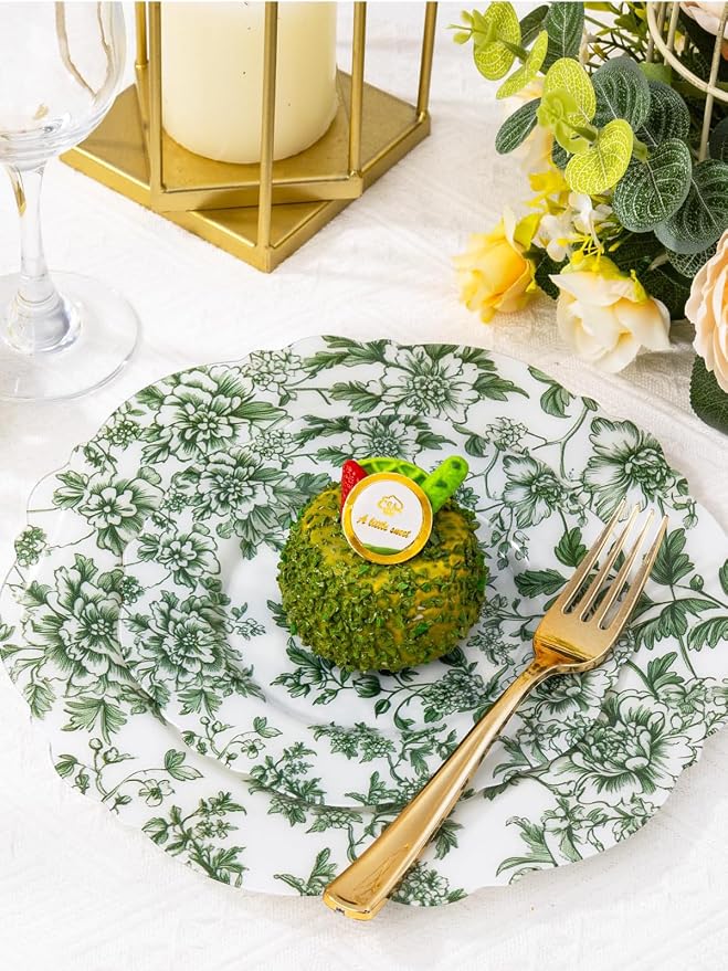 WDF 20PCS Green Plastic Plates Floral - Baroque White and Green Plates - Floral Party Decorations for Birthdays/Tea Party