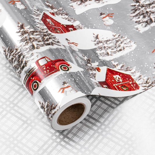 LeZakaa Christmas Silver Wrapping Paper Jumbo Roll for Boy Kid, Red Truck, Snowy Pine Forest & Grid Plaid, Silver Foil Reversible Design for Winter Holiday Family Gathering, 30 inches x 100 Feet