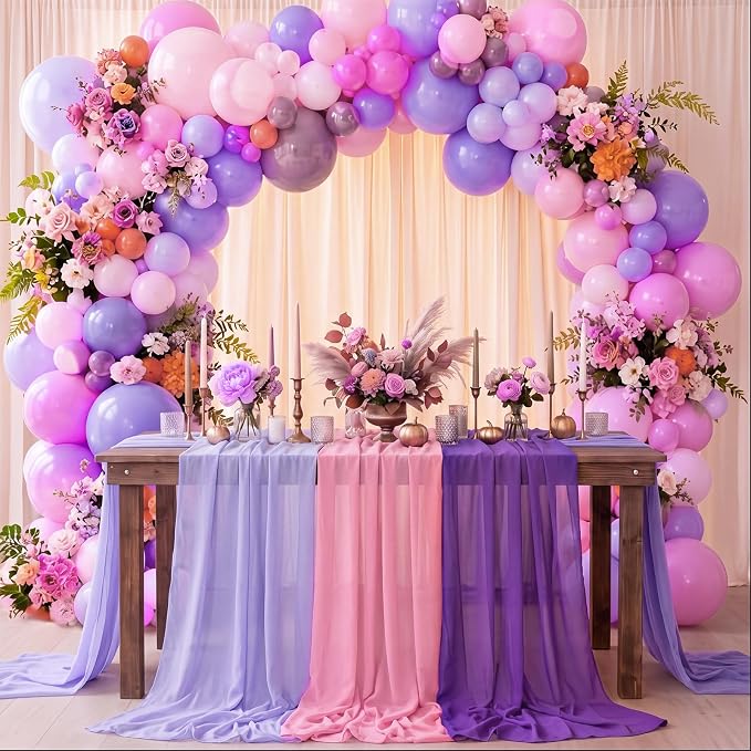 Boao 6 Pcs Pink and Purple Party Decorations Table Runner Cloth 10Ft Boho Sheer Rustic Fabric for Wedding Birthday Party Baby Bridal Shower Graduation Dawn Sunset Decor