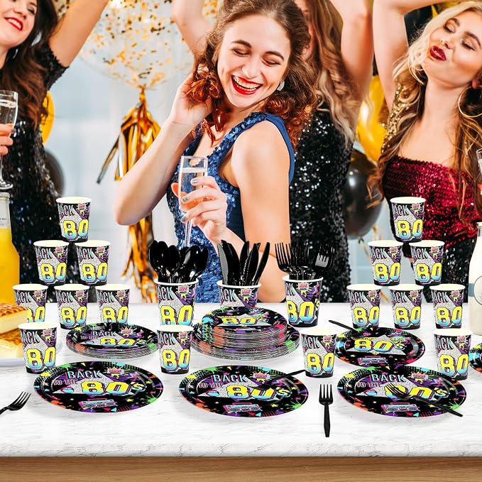 168 Pcs 80s Party Decorations Back to The 80s Plates Napkins Cups Forks Knives Spoons Retro Neon Hip Hop Tableware Set for 80's Theme Music Colorful Birthday Party Supplies Serves 24