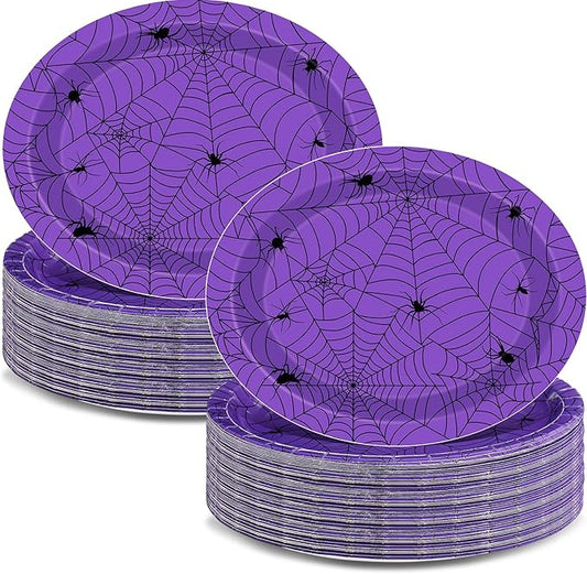 Vesici 50 Pcs Halloween Oval Paper Plates 11 Inch Halloween Spider Web Heavy Duty Party Supplies Purple Disposable Dessert Plates for Party Decorations Dinner Tableware Set