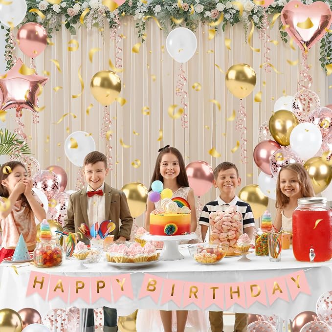 Rose Gold Happy Birthday Party Decorations, Happy Birthday Banner, Rose Gold Heart Star Foil Confetti Balloons and Pink Balloons Party Decorations Kit for Girls Women Princess