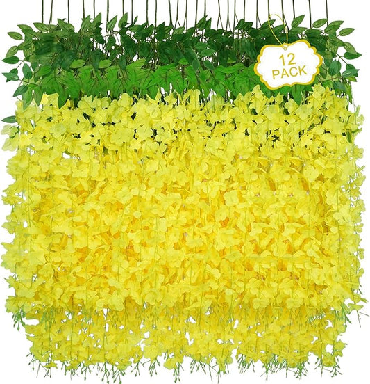 12Pcs Artificial Wisteria Hanging Flowers, 3.6Ft/Pcs Yellow Fake Wisteria Garland for Wedding Party Home Garden Indoor Outdoor Decoration