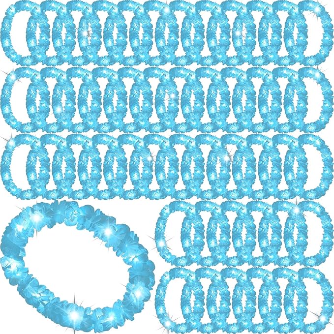 Sherr 48 Pcs LED Hawaiian Leis Light up Flower Leis Necklace with LED Lights Luau Flowers Necklaces for Masquerade Beach Wedding Tropical Themed Party Supplies(Baby Blue)