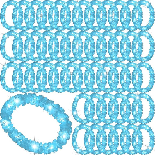 Sherr 48 Pcs LED Hawaiian Leis Light up Flower Leis Necklace with LED Lights Luau Flowers Necklaces for Masquerade Beach Wedding Tropical Themed Party Supplies(Baby Blue)