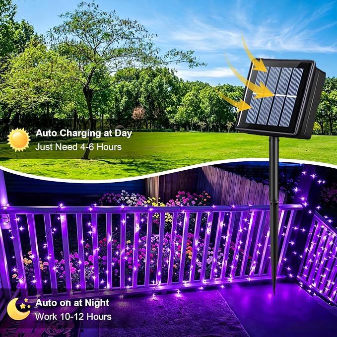 QITONG Purple Solar String Lights, 2 Pack Each 33ft 100 LED Solar Christmas Fairy Lights Outdoor Waterproof, 8 Modes Green Wire Twinkle Lights for Outside