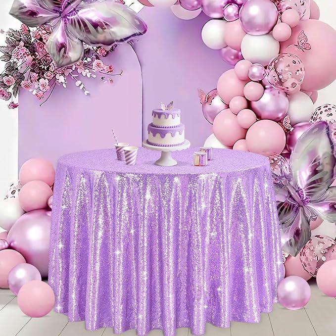 B-COOL Round Sequin Tablecloth Party Decor: 120 Inch Table Cloth Lavender Glitter Fabric Overlay for Indoor Outdoor Dining Parties Home